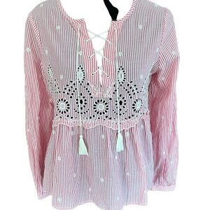GAP pink/white striped lace up top with tassel tie and eyelet & embroidery sz XS